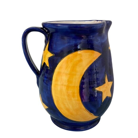 Celestial Sun Face Moon And Stars Blue & Yellow Pottery Pitcher Vase - Picture 2 of 7